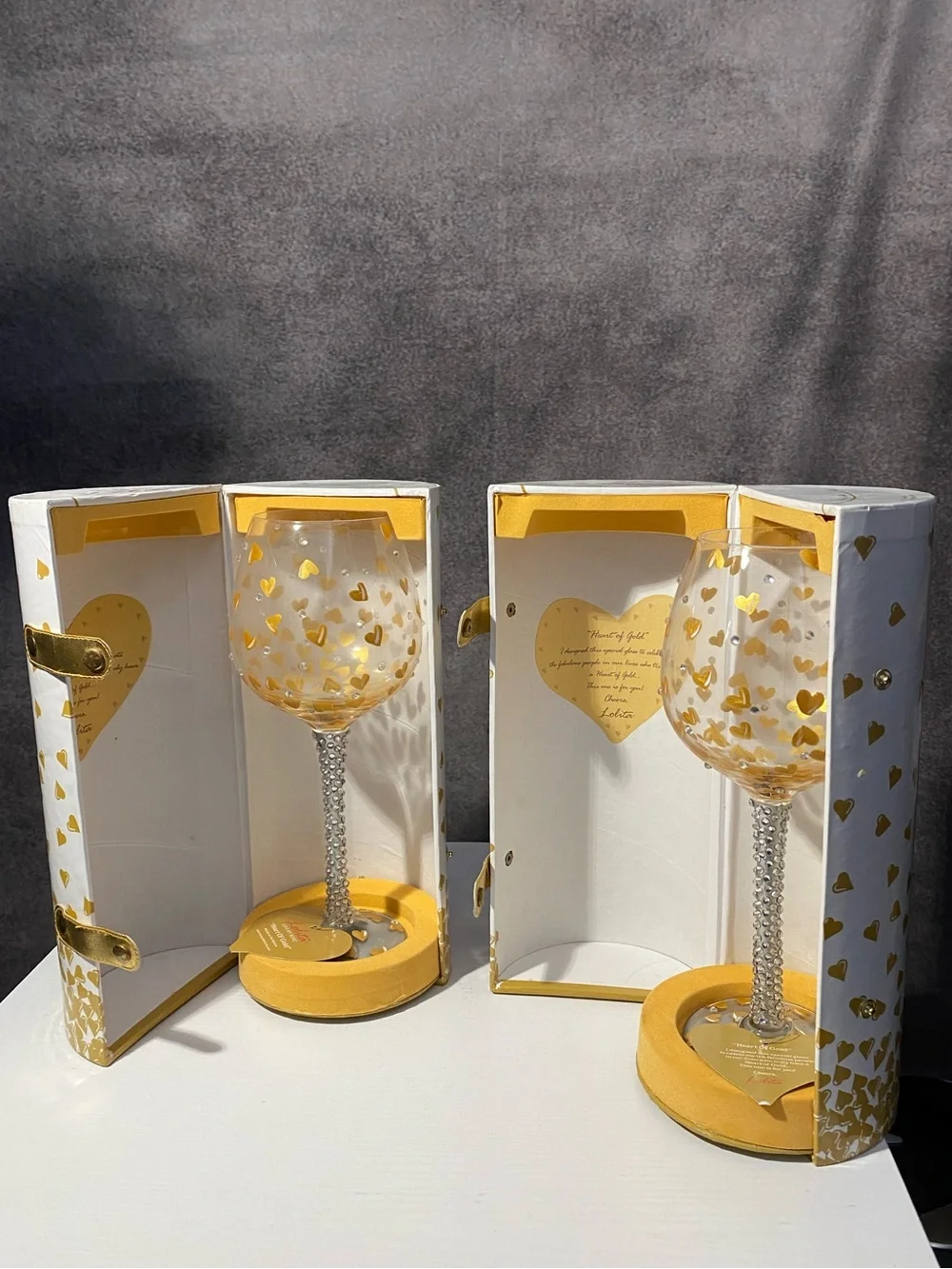 Lolita Heart of Gold Wine Glass Pair Hand Painted Rhinestone Stemmed Set of 2